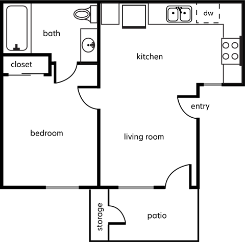 Floor plan for 1 bed, 1 bath, 1071 sqft